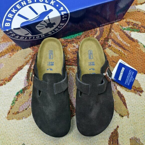 Women's Mocha Suede Birkenstock Boston Shoes - Narrow Fit